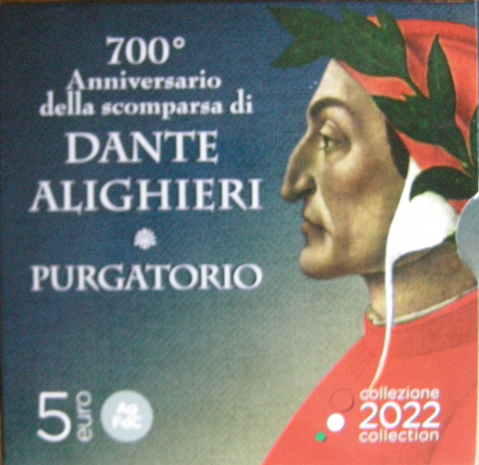 (afbeelding voor) 5 Euro Italie Dante Alighieri proof in cassette 2022