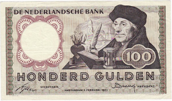 (afbeelding voor) 100 Gulden 1953 ZF+ Erasmus 121