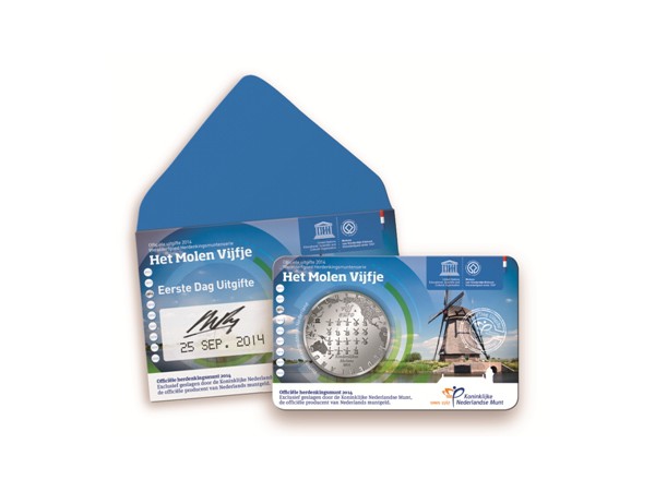 (afbeelding voor) 5 Euromunt Nederland Het Molen vijfje 2014 -1e dag uitgifte
