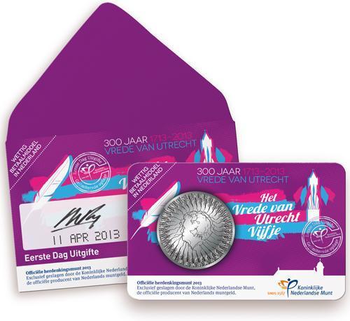 5 Euromunt NL Vrede van Utrecht 2013 in coincard 1e dag uitgifte (afbeelding voor) 5 Euromunt NL Vrede van Utrecht 2013 in coincard 1e dag uitgifte