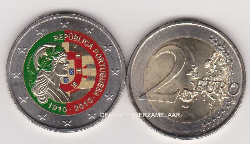 (afbeelding voor) 2 Euromunt Portugal 2010 UNC 100 jaar republiek in KLEUR