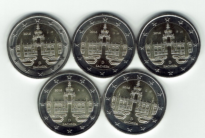 (afbeelding voor) 2 Euromunt Duitsland 5x 2016 Dresdner Zwinger Sachsen A-D-F-G-J