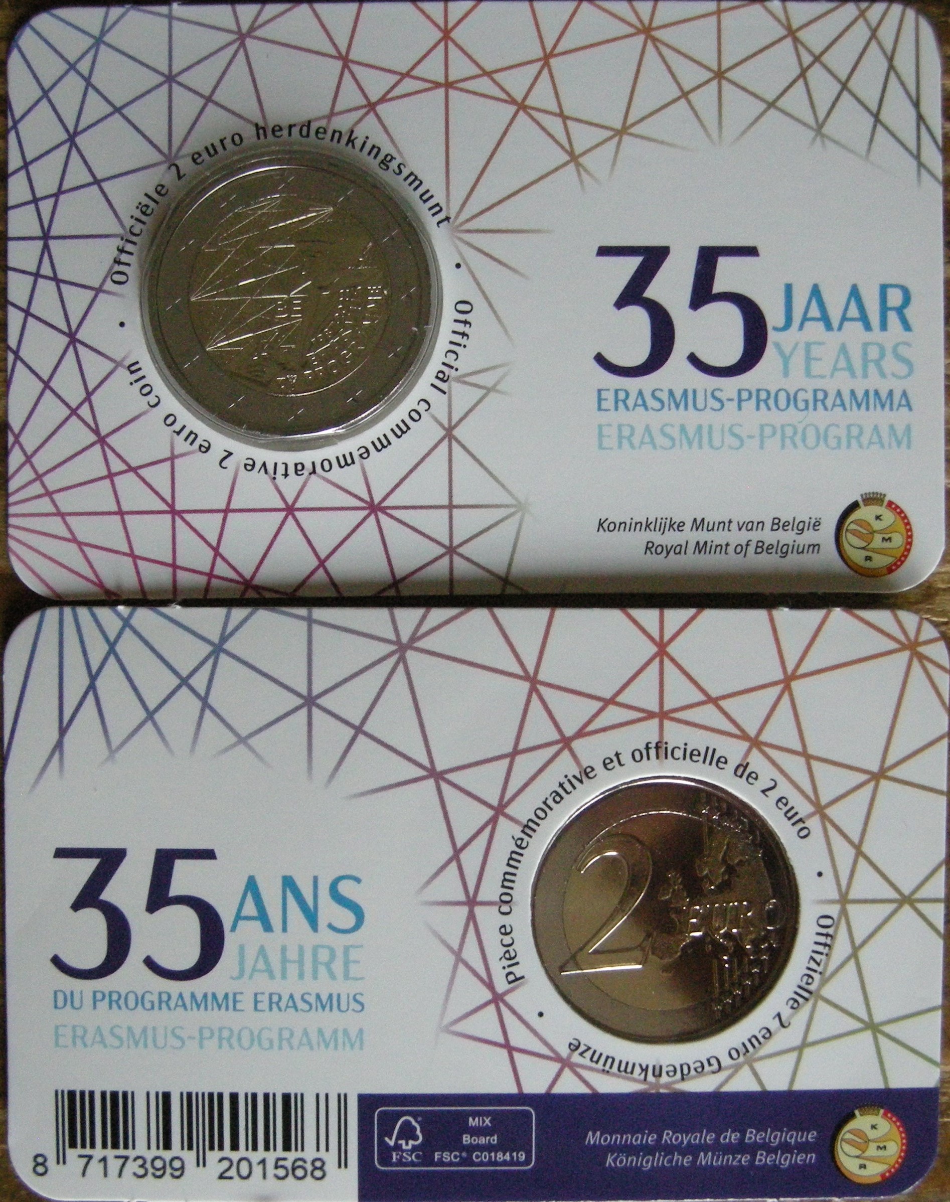 (image for) 2 Euromunt België 2022 Erasmus Nederlandse uitgave in coincard