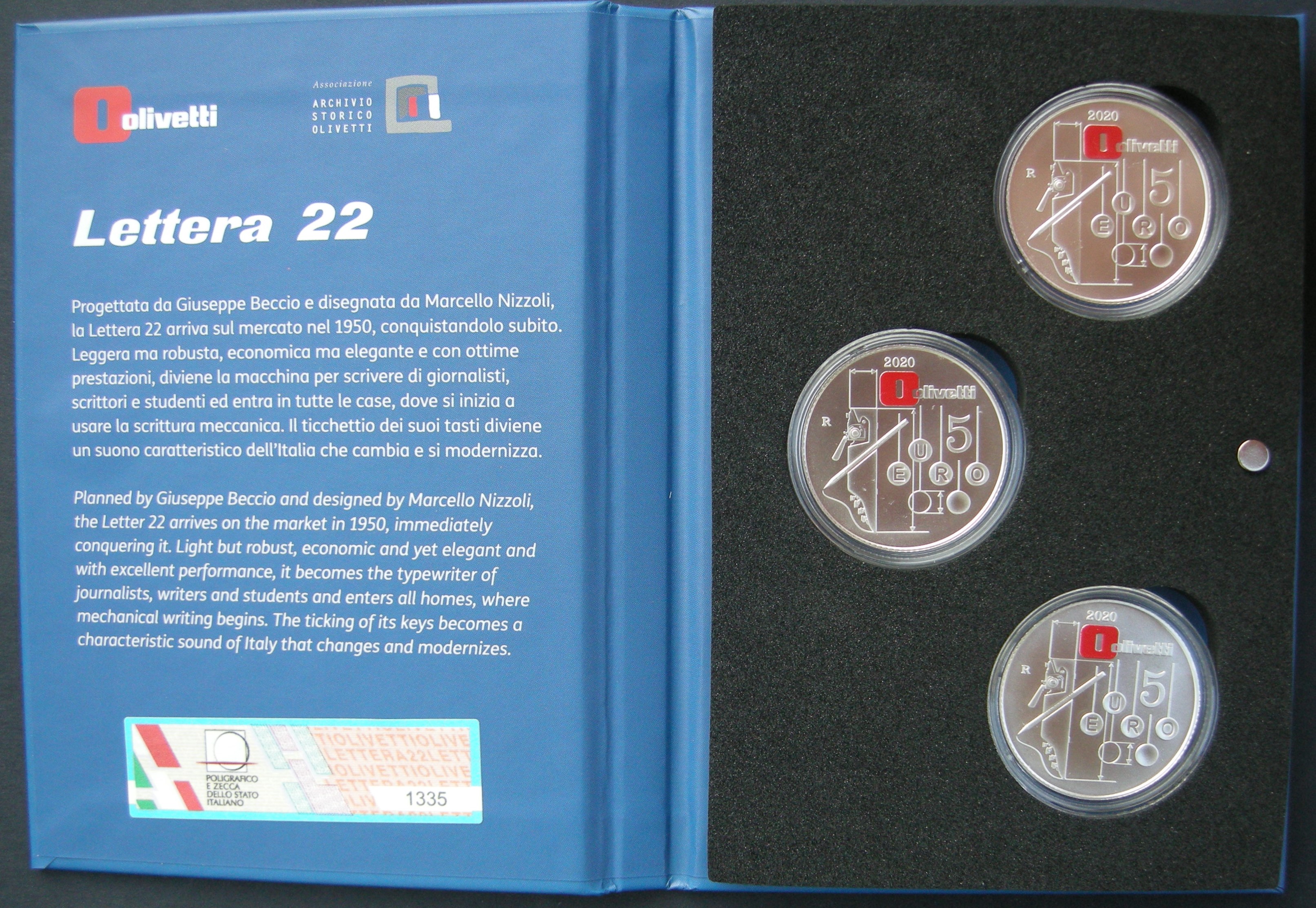 (afbeelding voor) 5 Euro 2020 Olivetti Lettera 22 ( kleuren Rood-Wit-Groen )