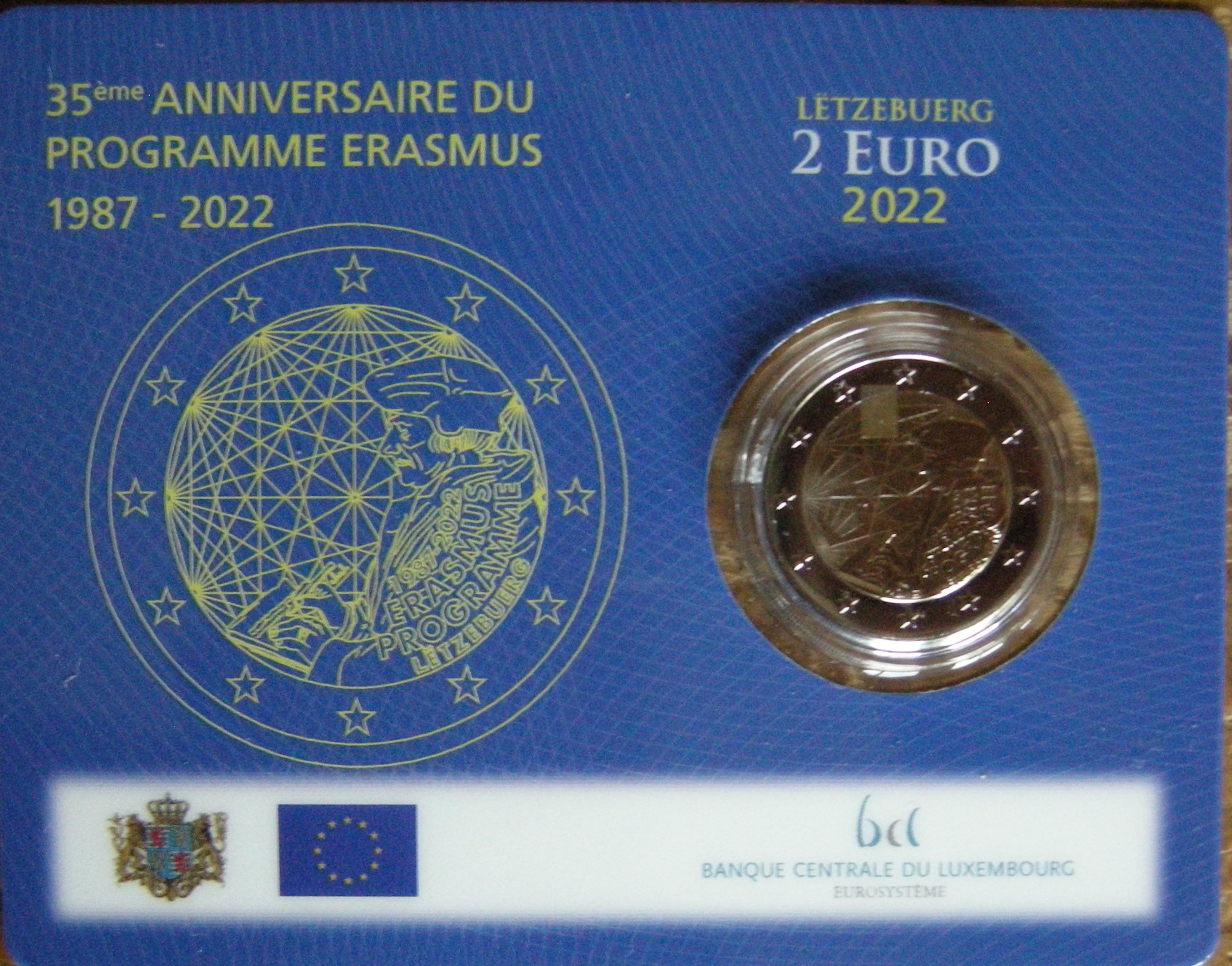 (afbeelding voor) 2 Euromunt Luxemburg 2022 - Erasmus in coincard