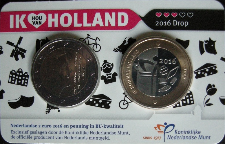 (afbeelding voor) 2 Euromunt Nederland 2016 Holland Coin fair coincard Drop