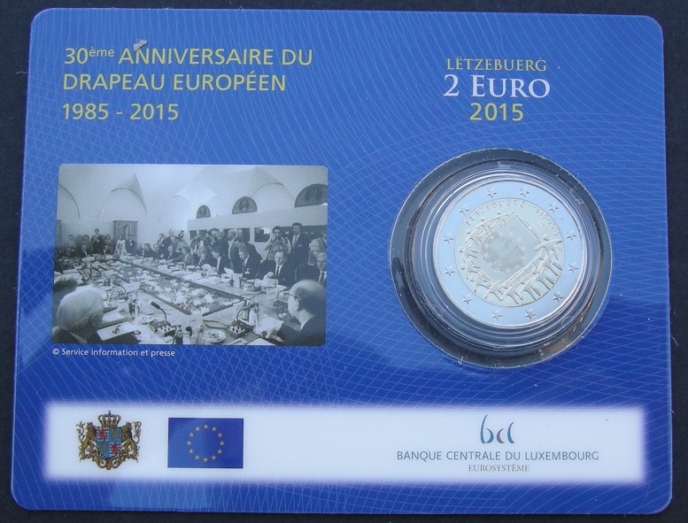(afbeelding voor) 2 Euromunt Luxemburg 2015 30 jaar Europese Vlag coincard