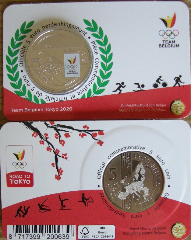 (afbeelding voor) 5 Euro Belgie 2020 Tokyo in coincard kleur