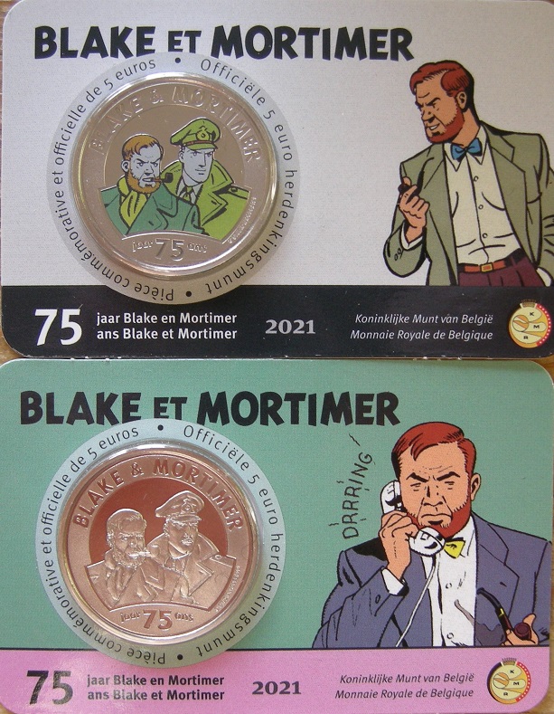 (afbeelding voor) 5 Euro Belgie 2021 Blake en Mortimer in coincard + kleur