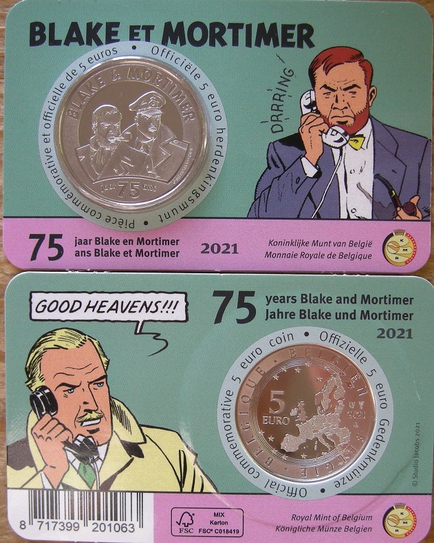 (afbeelding voor) 5 Euro Belgie 2021 Blake en Mortimer in coincard