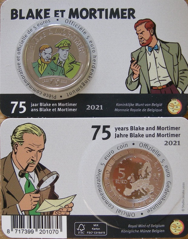 (afbeelding voor) 5 Euro Belgie 2021 Blake en Mortimer in coincard kleur