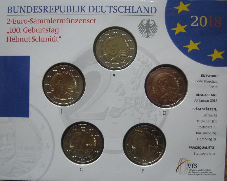 (afbeelding voor) 2 Euromunt Duitsland 5 x 2018 Helmut Schmidt BU A-D-F-G-J