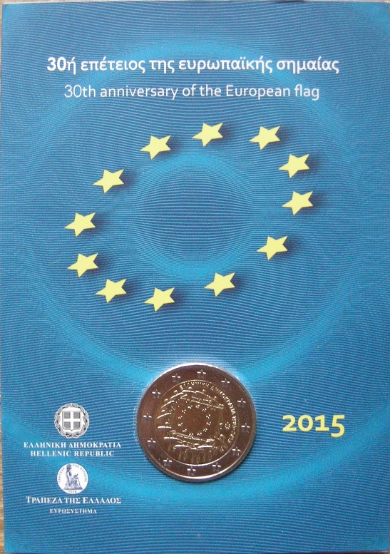 (afbeelding voor) 2 Euromunt Griekenland 2015 Europese vlag in coincard