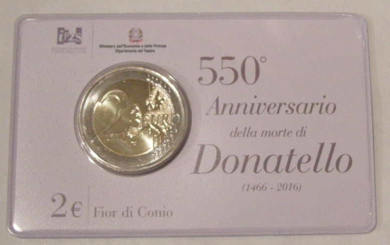 (afbeelding voor) 2 Euromunt Italie 2016 Donatello in coincard