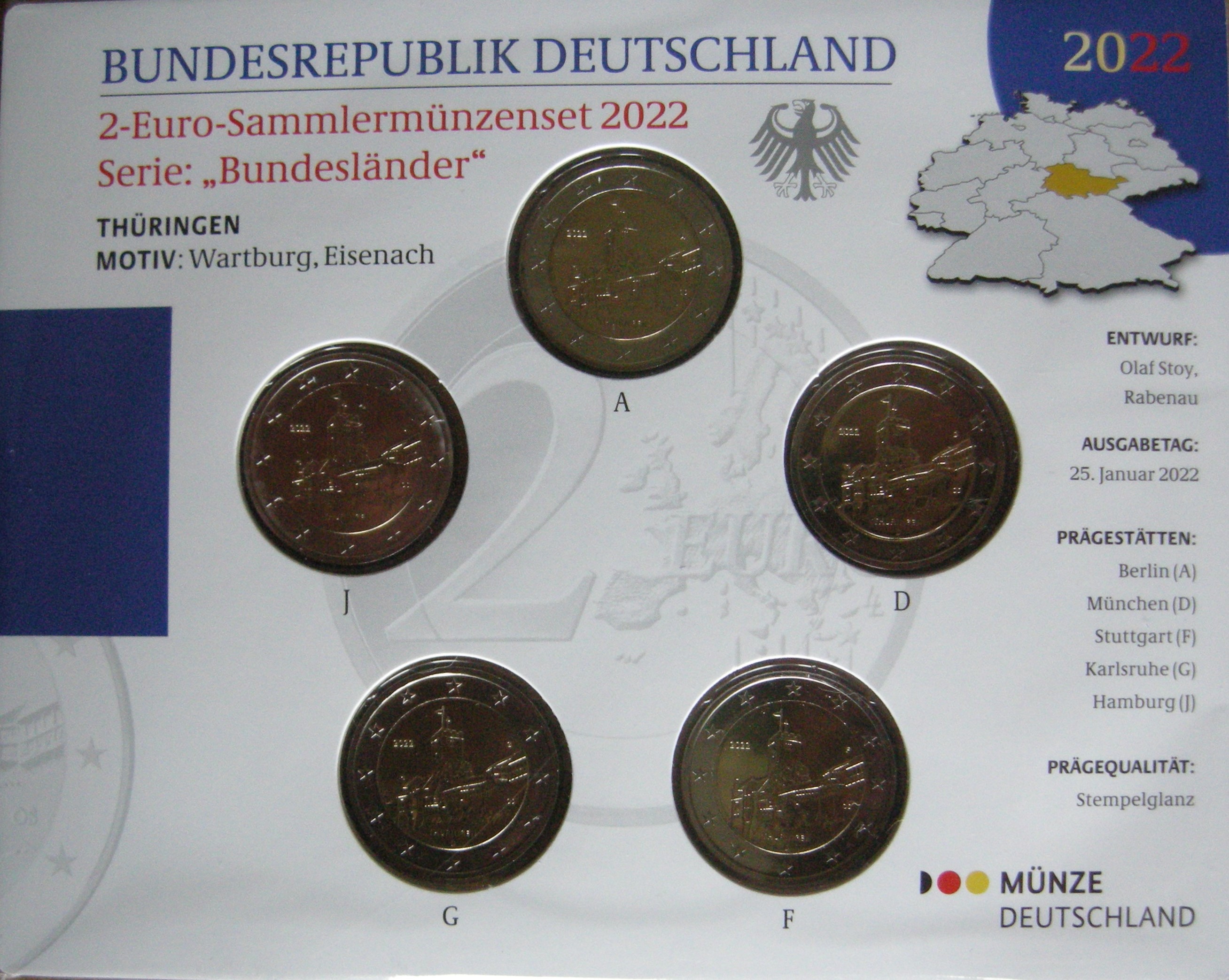 (afbeelding voor) 2 Euromunt Duitsland 5 x 2022 THÜRINGEN BU A-D-F-G-J