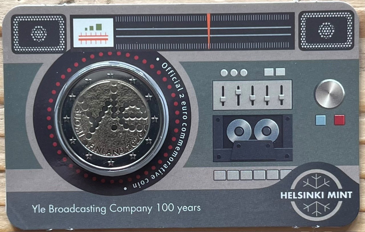 (afbeelding voor) 2 Euromunt Finland 2026 -'100 jr. YLe Broadcasting Company' BU Coincard Engels