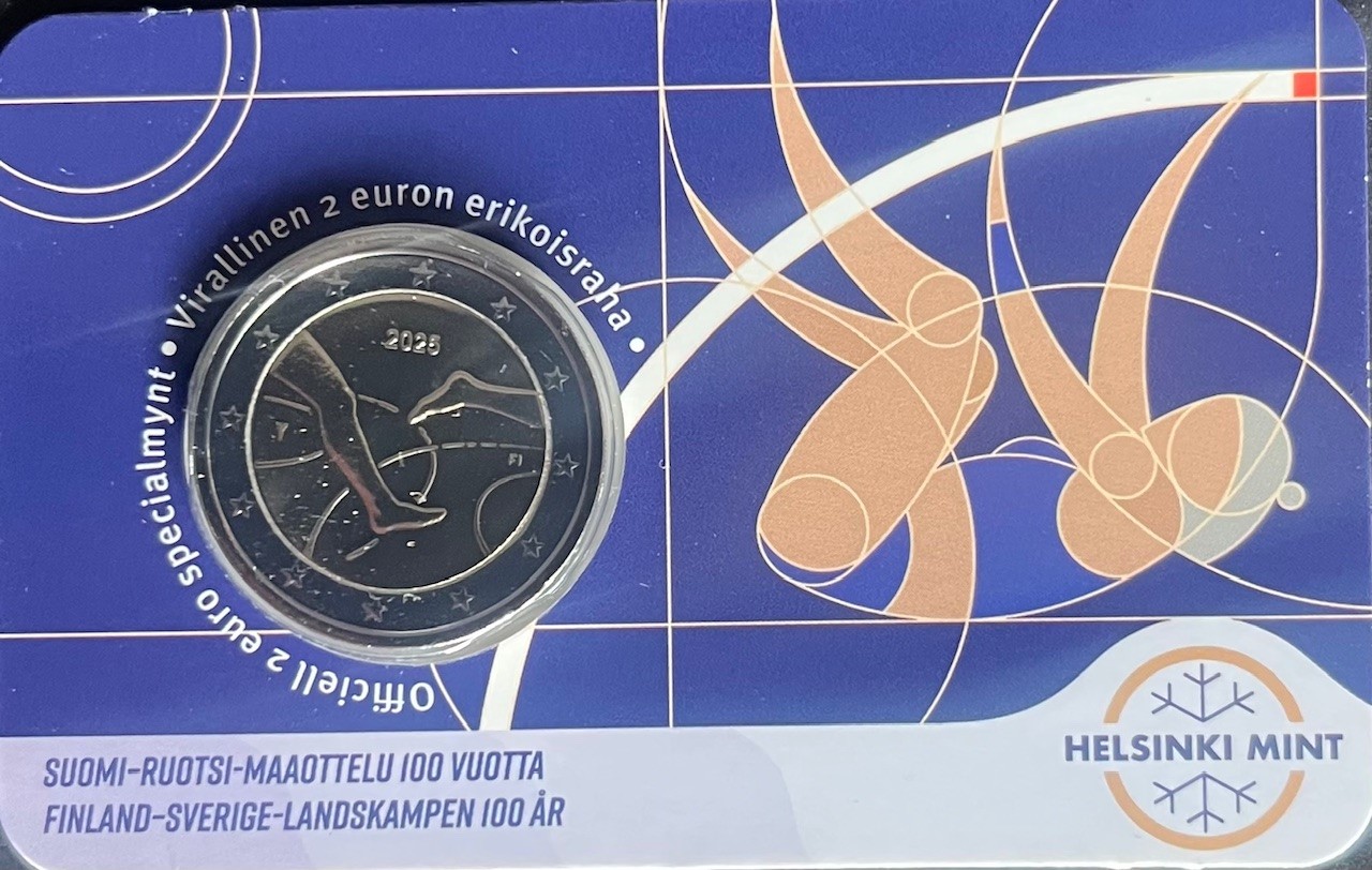 (afbeelding voor) 2 Euromunt Finland 2025 - 100 jaar Finland/Zweden Atletiek Coincard Fins/Zweeds