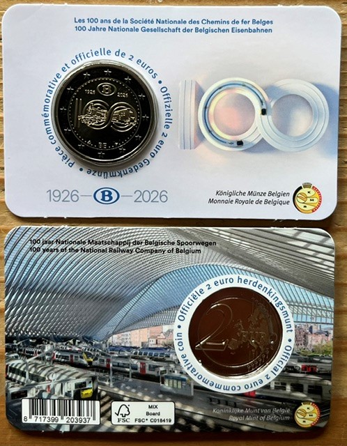 (afbeelding voor) 2 Euromunt Belgie 2026 Trein / NMBS - in coincard Frans-Duits