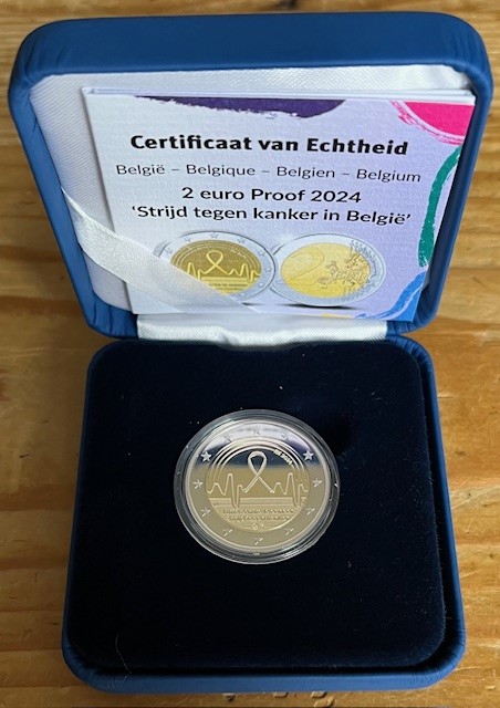 (afbeelding voor) 2 Euromunt Belgie 2024 Strijd tegen kanker Proof in cassette
