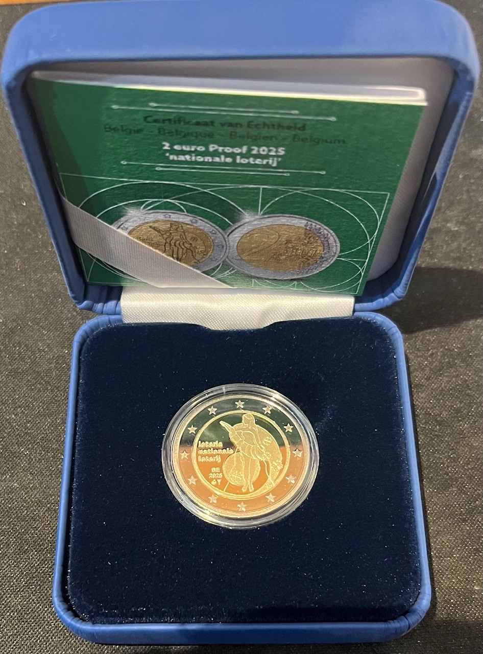 (afbeelding voor) 2 Euromunt Belgie Proof 2025 Nationale Loterij in cassette
