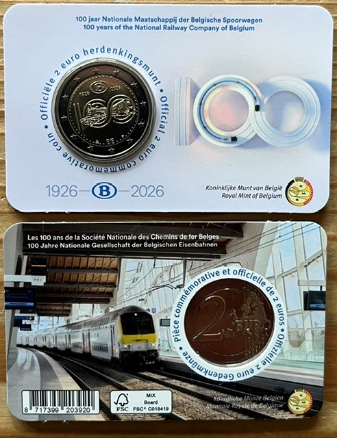 (afbeelding voor) 2 Euromunt Belgie 2026 Trein / NMBS - in coincard NL-Engels