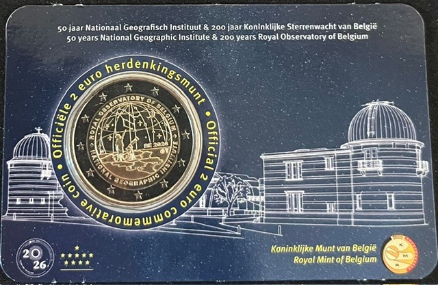 (afbeelding voor) 2 Euromunt Belgie 2026 -200 jaar Sterrenwacht + 50 jaar Geografisch instituut - Coincard Nederlands talig