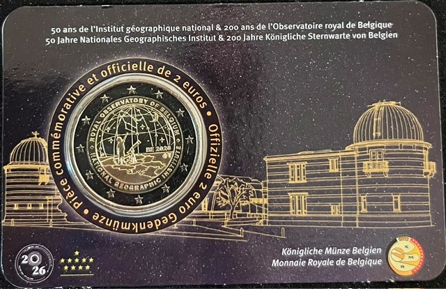 (afbeelding voor) 2 Euromunt Belgie 2026 -200 jaar Sterrenwacht + 50 jaar Geografisch instituut - Coincard Franstalig
