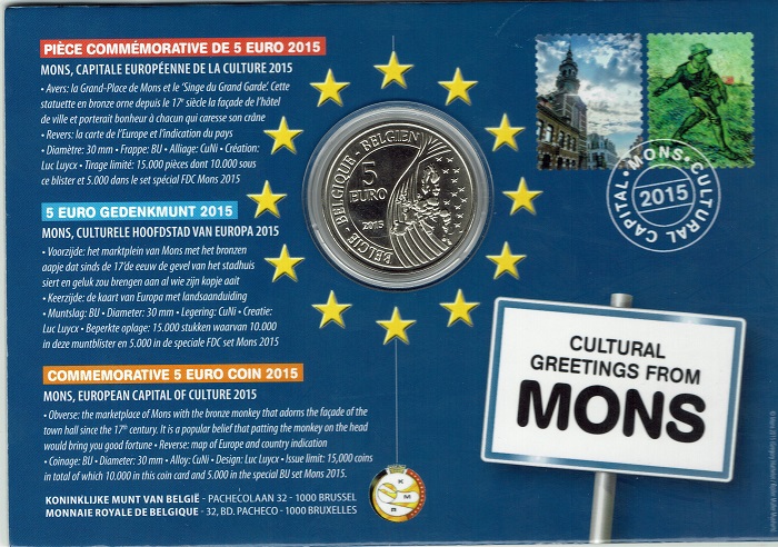 (afbeelding voor) 5 Euromunt België 2015 MONS in coincard