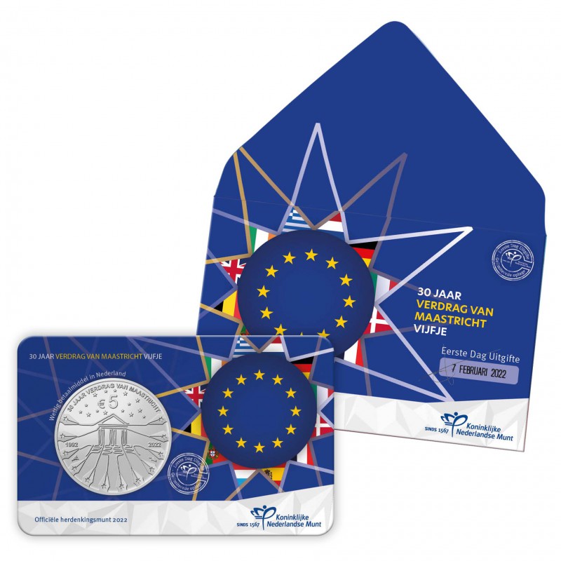 (afbeelding voor) Nederland 2022 - 5 Euro Verdrag van Maastricht 1e dag uitgifte