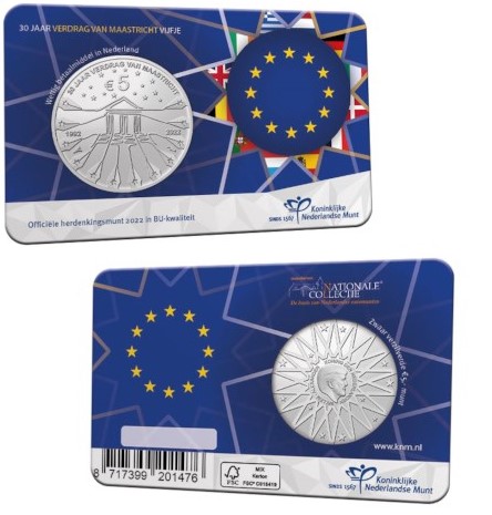 (afbeelding voor) Nederland 2022 - 5 Euro Verdrag van Maastricht BU in coincard