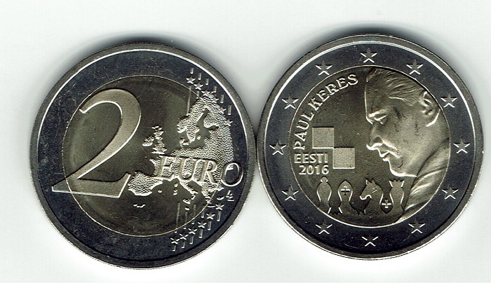 (afbeelding voor) 2 Euromunt Estland 2016 Paul Keres UNC