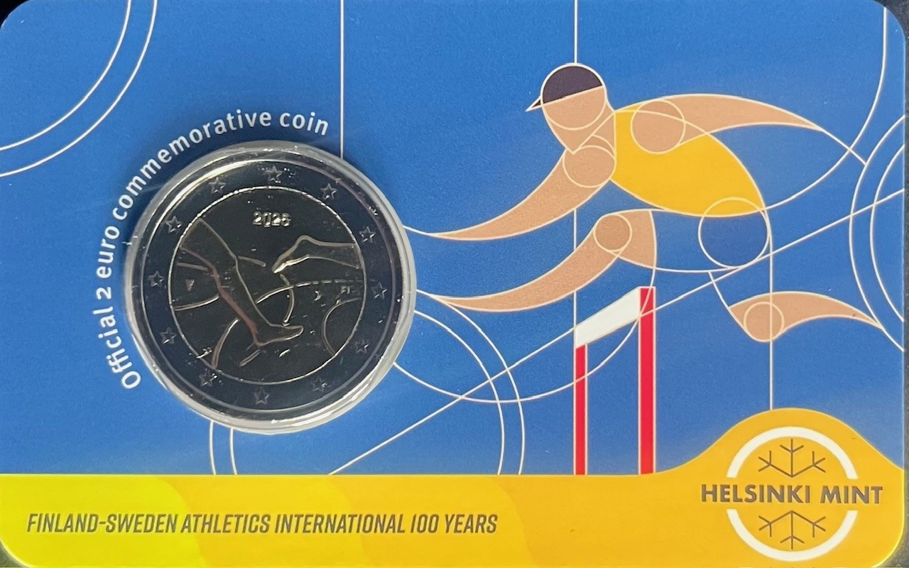 (afbeelding voor) 2 Euromunt Finland 2025 - 100 jaar Finland/Zweden Atletiek Coincard Fins/Engels