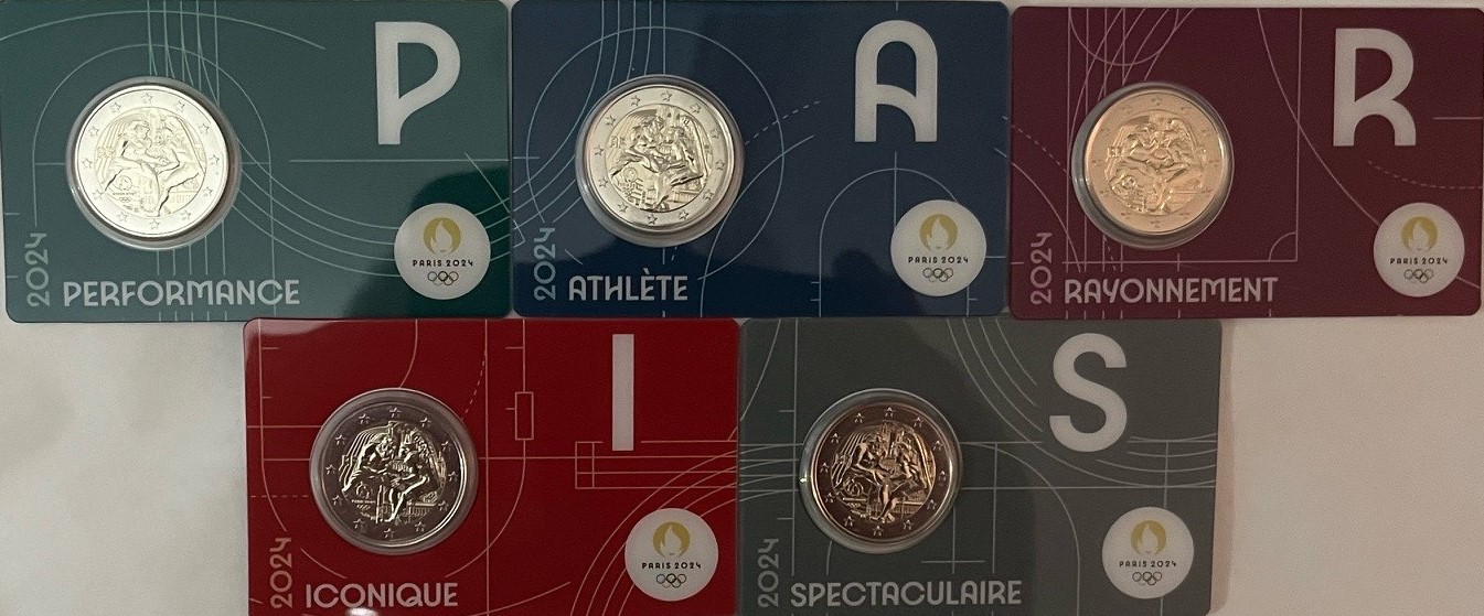 2 Euromunt Frankrijk 2024 Voetbal Paris set van 5 coincards