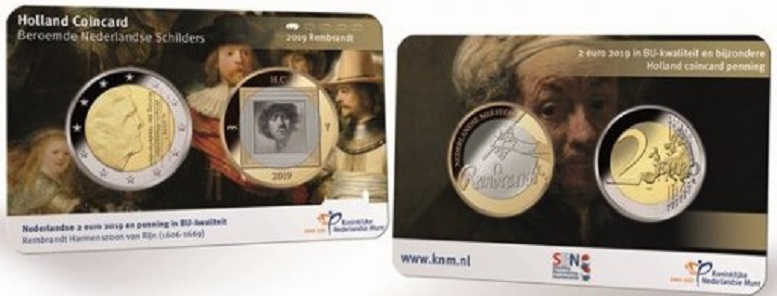 (afbeelding voor) 2 Euromunt Nederland 2019 Holland Coin fair coincard Rembrandt