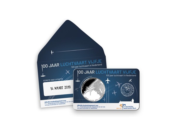 (image for) Nederland 2019 5 Euro Luchtvaart 1e dag uitgifte in coincard