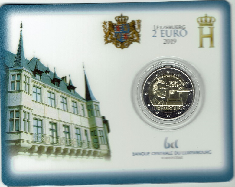(afbeelding voor) 2 Euromunt Luxemburg 2019 - 100 jaar stemrecht in coincard