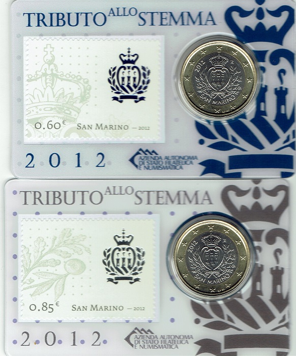 (afbeelding voor) 2 verschillende coincards met 1 euro+postzegel San marino 2012