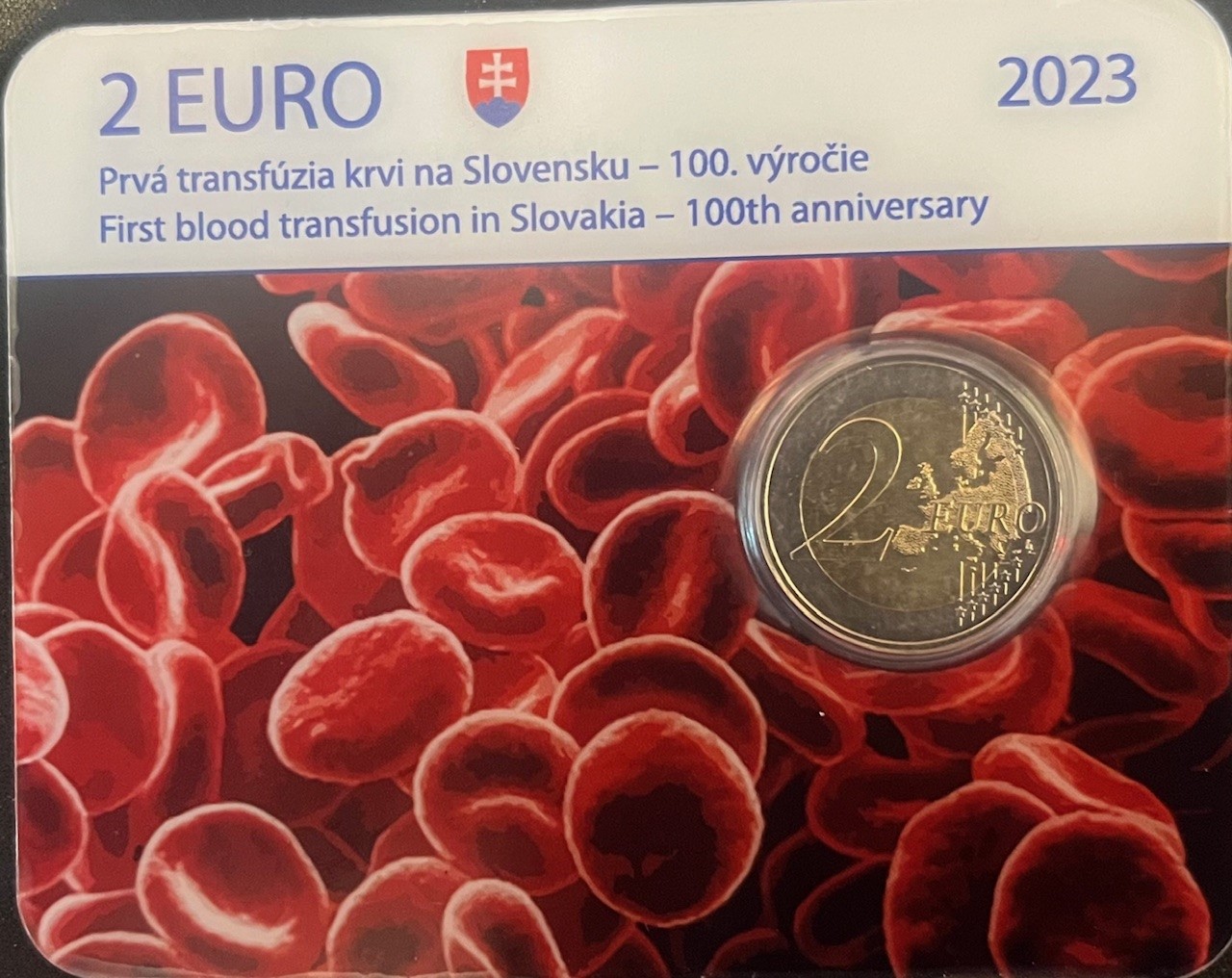 (afbeelding voor) 2 euromunt Slowakije 2023 Eerste bloedtransfusie in coincard