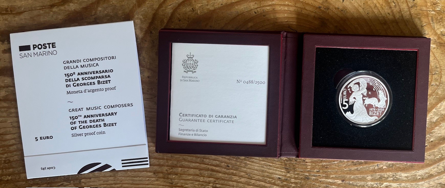 (afbeelding voor) San Marino 5 euromunt Zilver Proof 2025 Georges Bizet in cassette