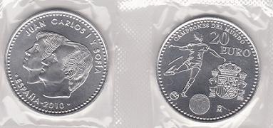 (afbeelding voor) 20 Eurocoin Spain 2010 UNC. Worldchampion Footbal