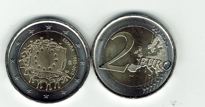 (afbeelding voor) 2 Euromunt Spanje 2015 30 jaar Europese Vlag UNC